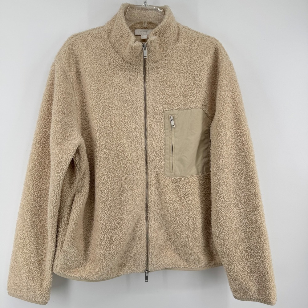 COS Teddy Fleece Jacket Mens Medium Beige Full Zip Nylon Pocket Utility